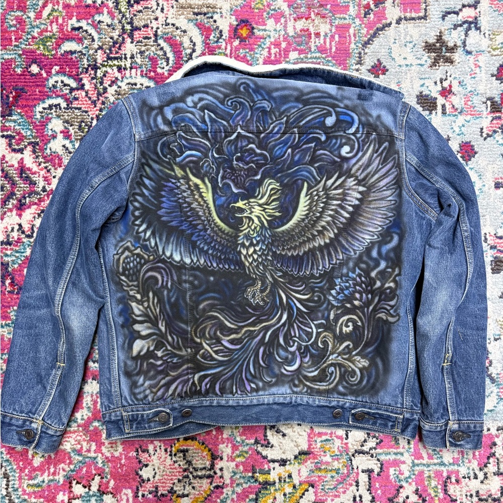 Hand Airbrushed Phoenix Levi's Denim Jacket with Sherpa Lining